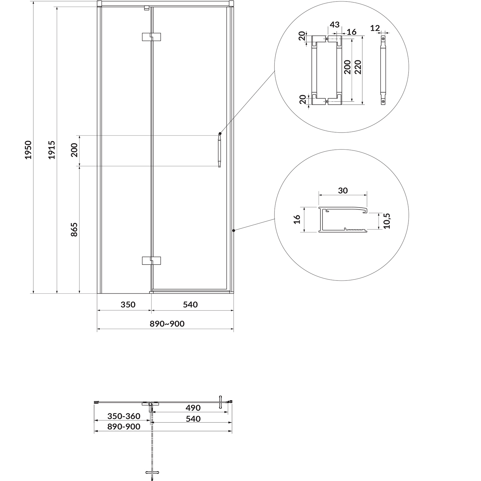 CERSANIT Rechteckige Duschkabine LARGA gold, links, 90x80 transparentes Glas S601-465
