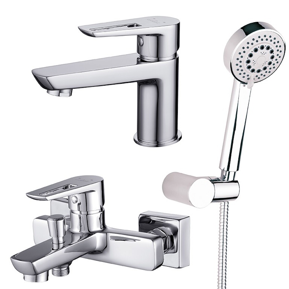 CERSANIT MILLE Waschbecken und Badewannen- und Duscharmatur + LANO Duschgarnitur S952-003